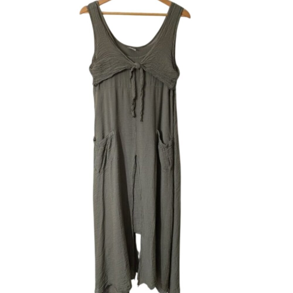 Grigoropoyloy Women's Comfy‎  Crinkle-textured Cotton Blend Dress Pockets Olive